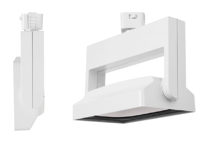 A rendering of two Juno Lighting UPLD LED undercabinet light fixtures in the white finish and bronze finish.